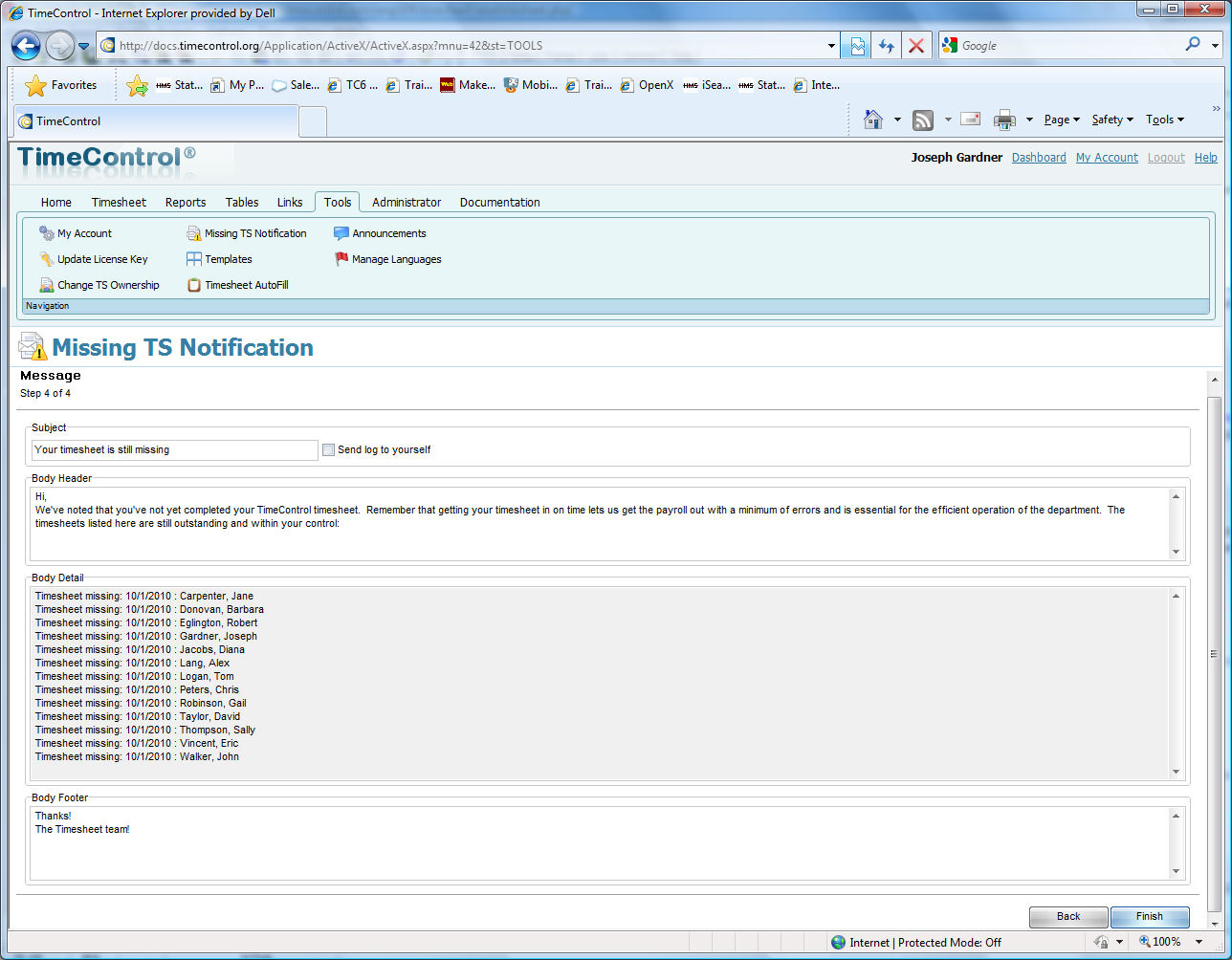 TimeControl - Missing TS Notification Timesheet