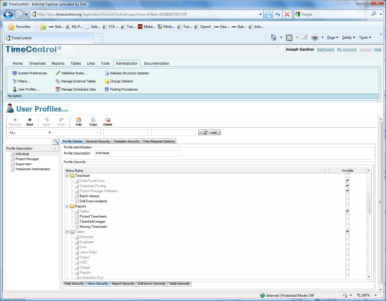 TimeControl's Database Access, User Profiles