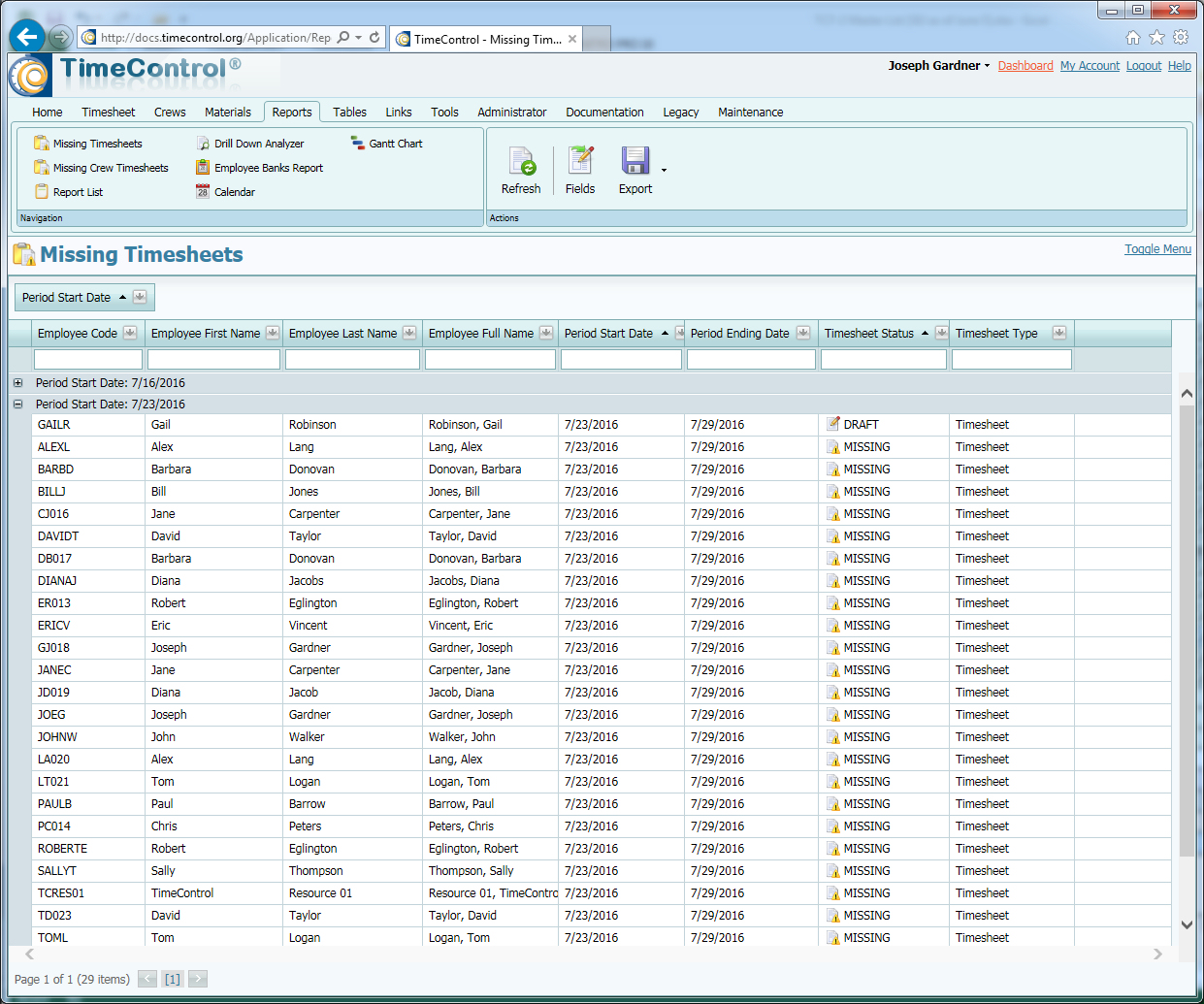 TimeControl's Missing Timesheet Report