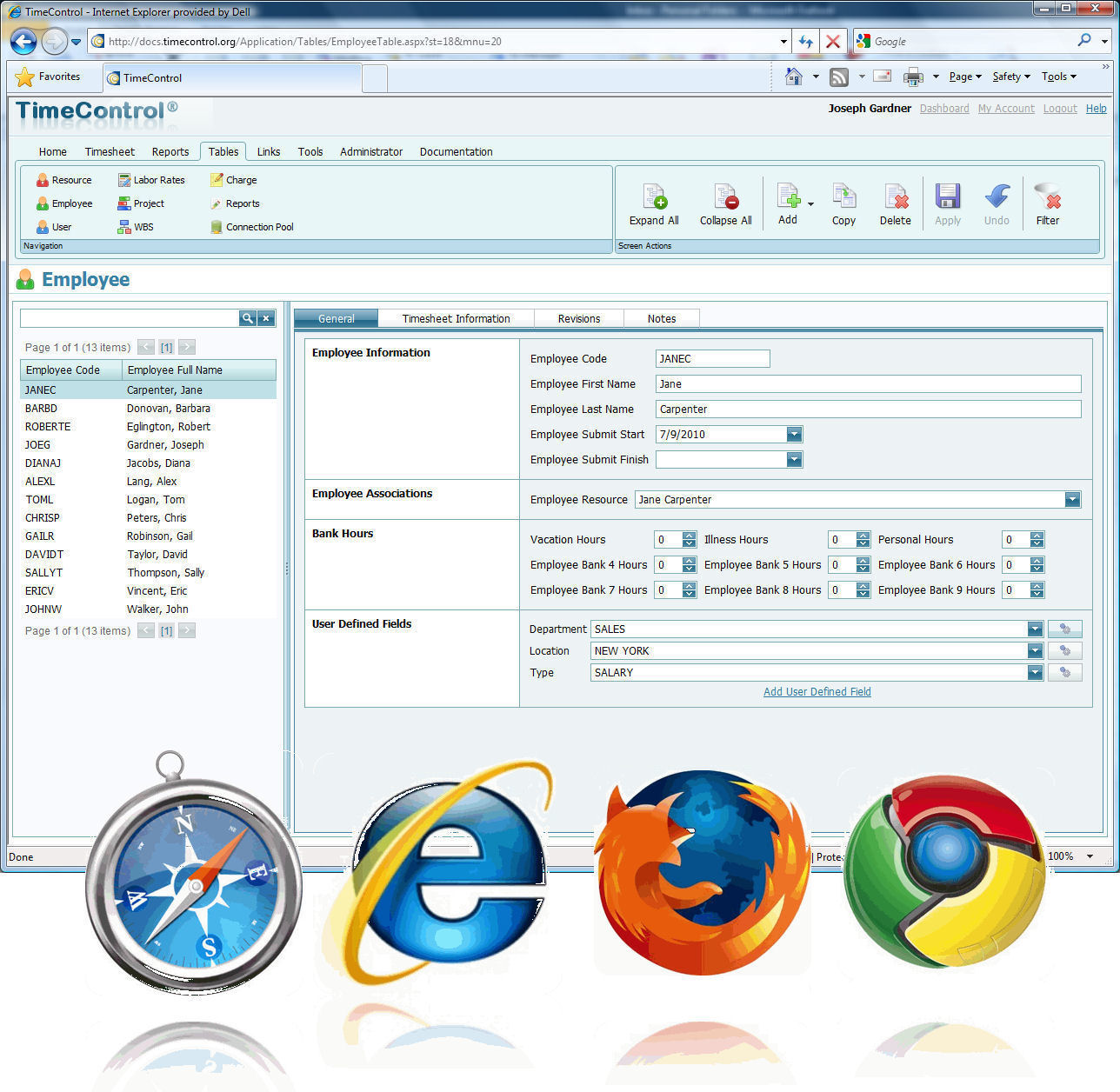 TimeControl TimeSheet on Internet Explorer, Safari, Firefox and Google Chrome