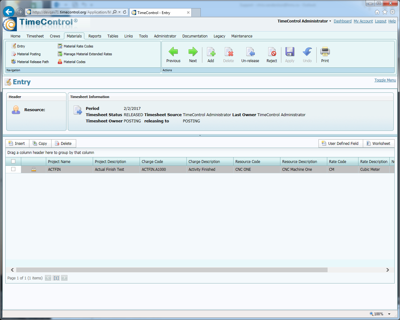 TimeControl Industrial Material Entry