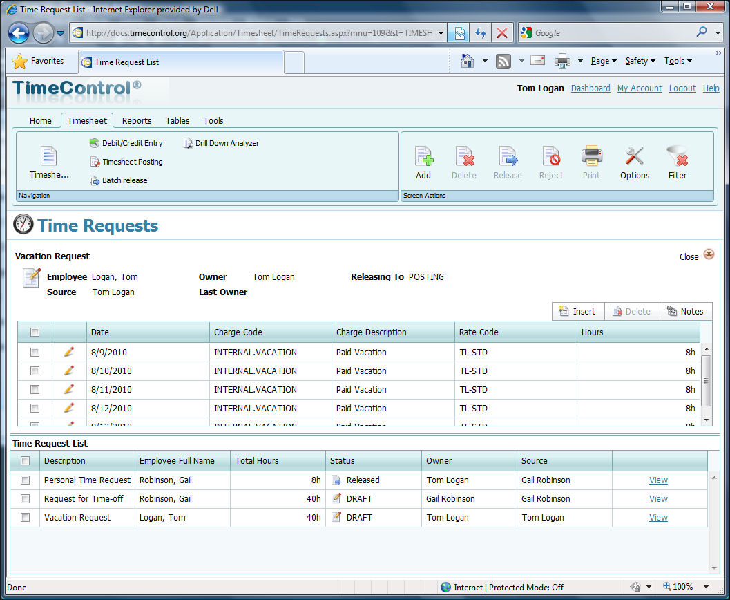 TimeControl timerequest detail