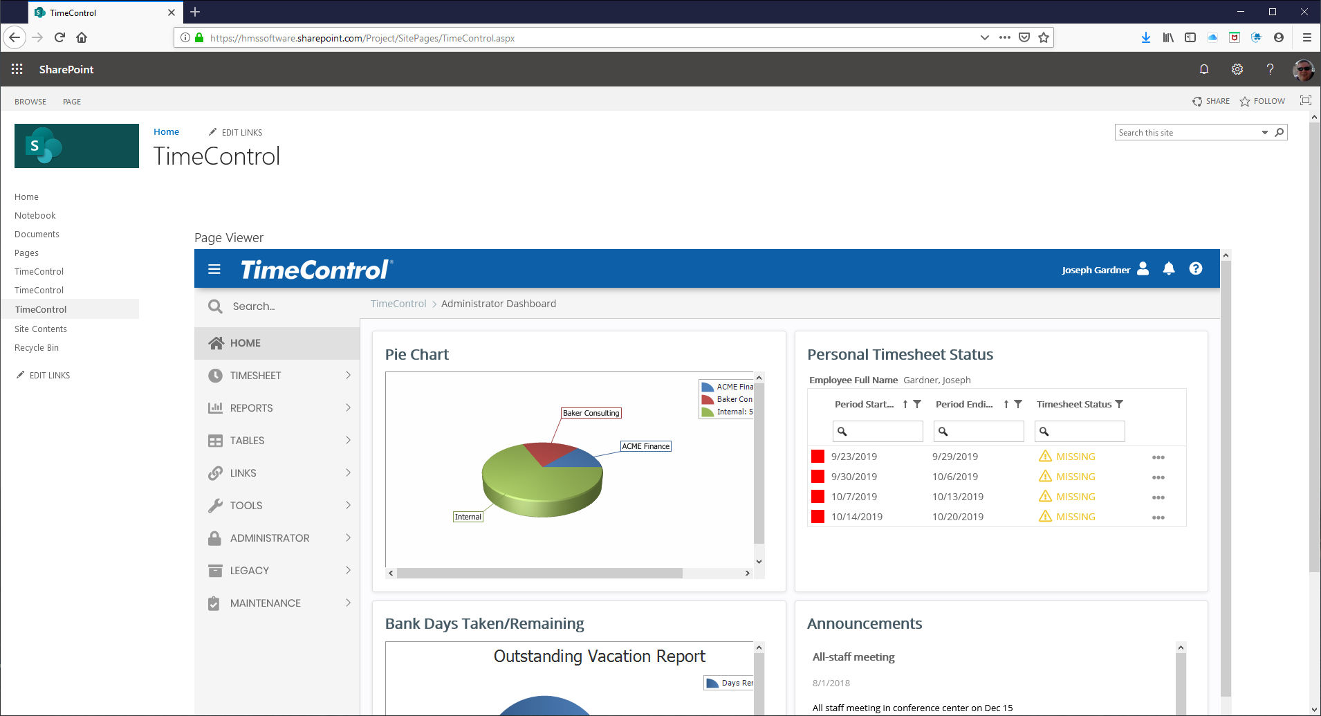 TimeControl and SharePoint Dashboard
