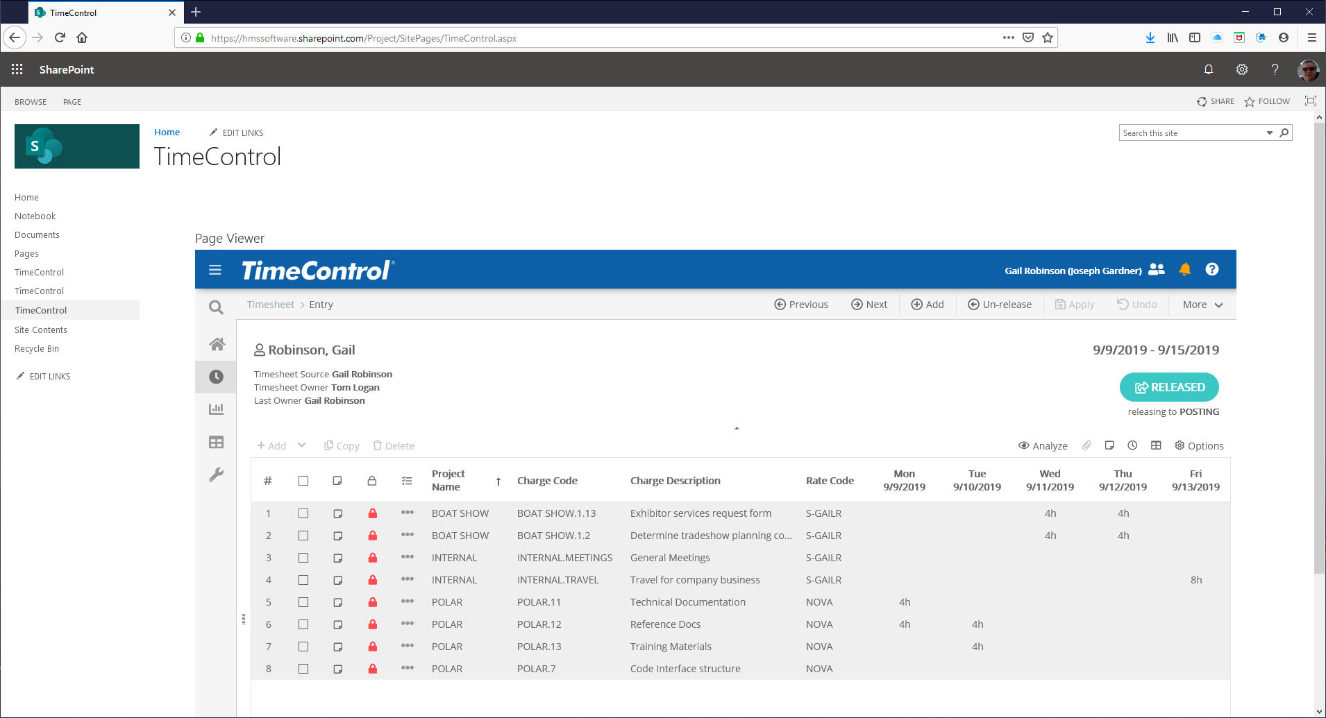 TimeControl Timesheet integrated within SharePoint