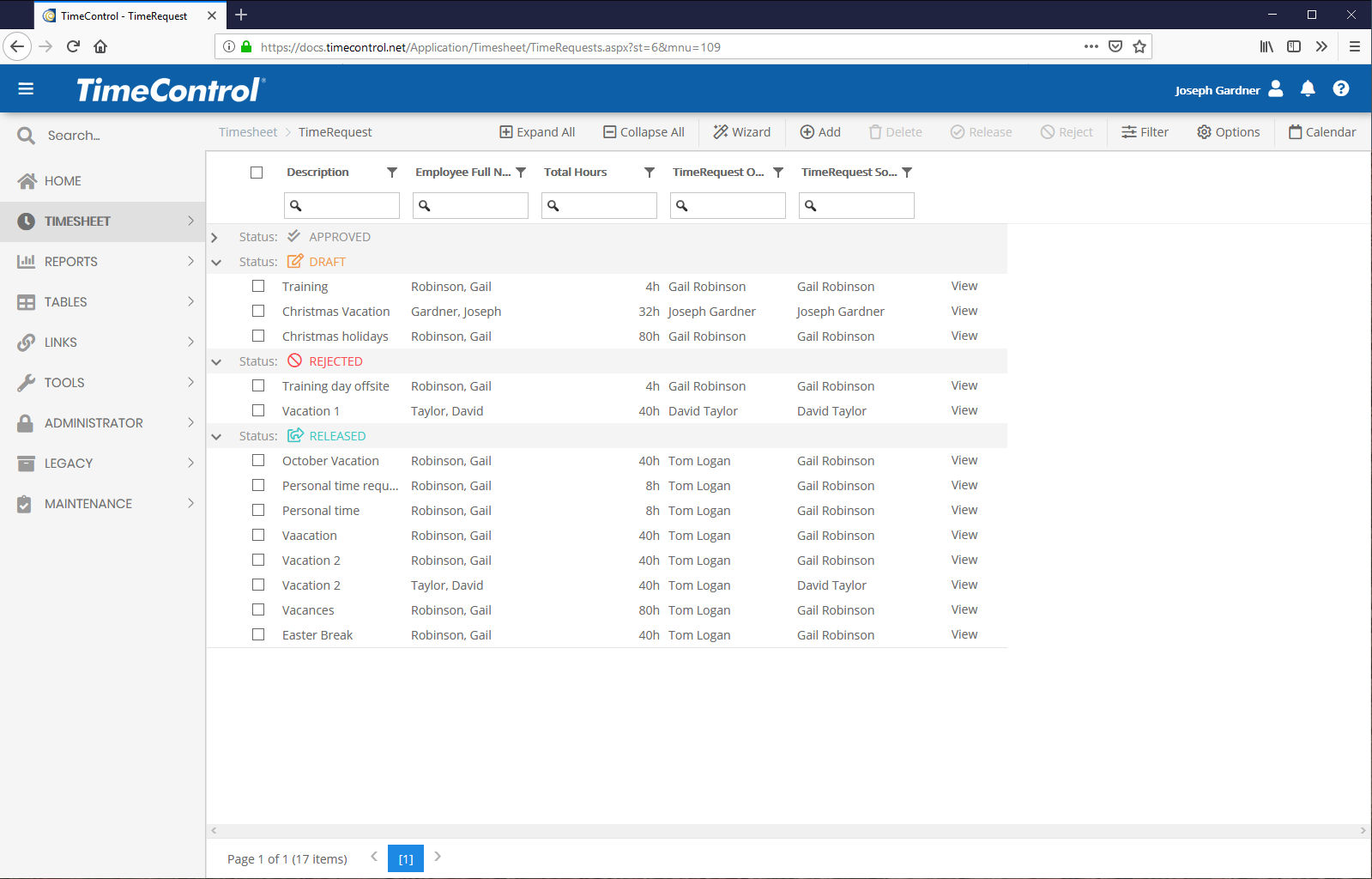 TimeControl Timerequest Detail List