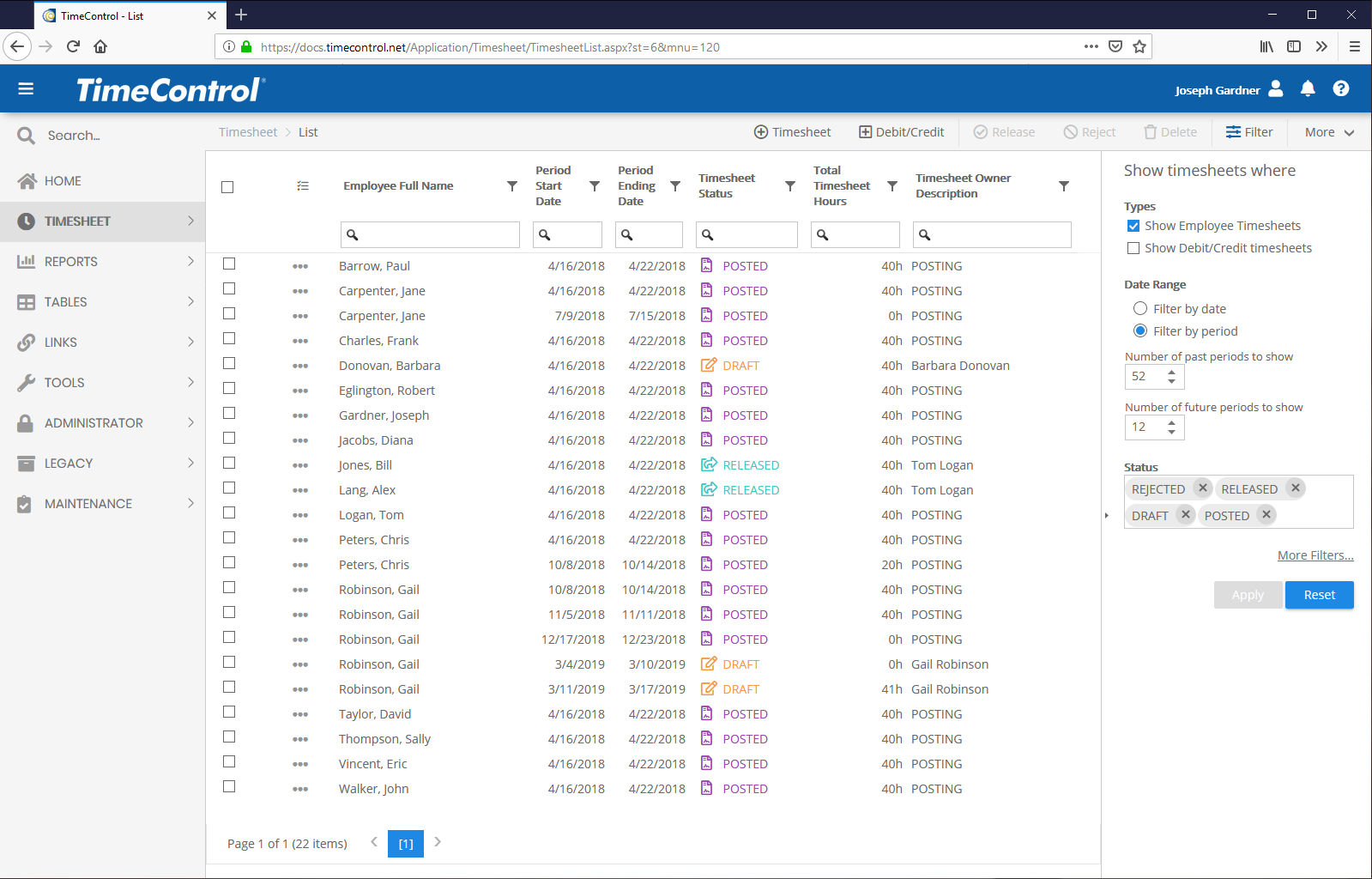 TimeControl timesheet list