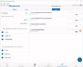 TimeControl Mobile App Materials Entry on a tablet